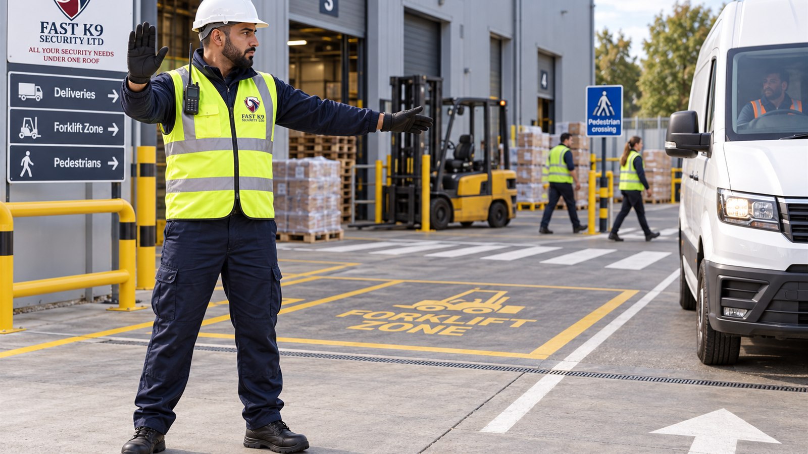 Fast K9 Security Limited traffic marshal directing vehicles in a warehouse yard